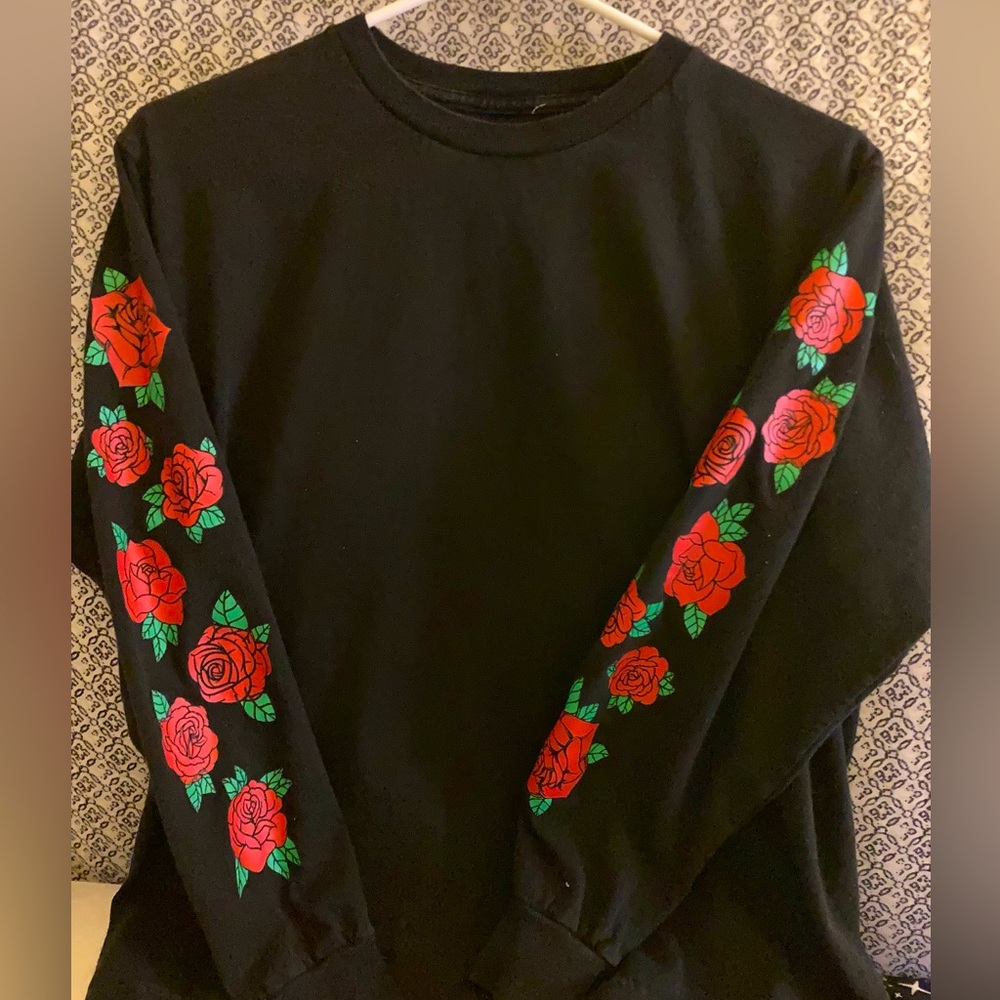 Black long sleeve tee with rose decals